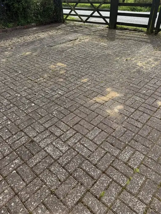 Block paved driveway turned grey and green with moss and dirt before cleaning